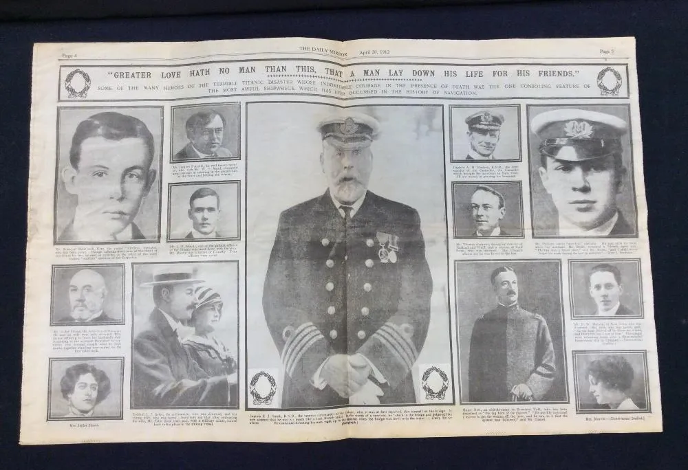 Newspaper spread showing photos of Titanic victims