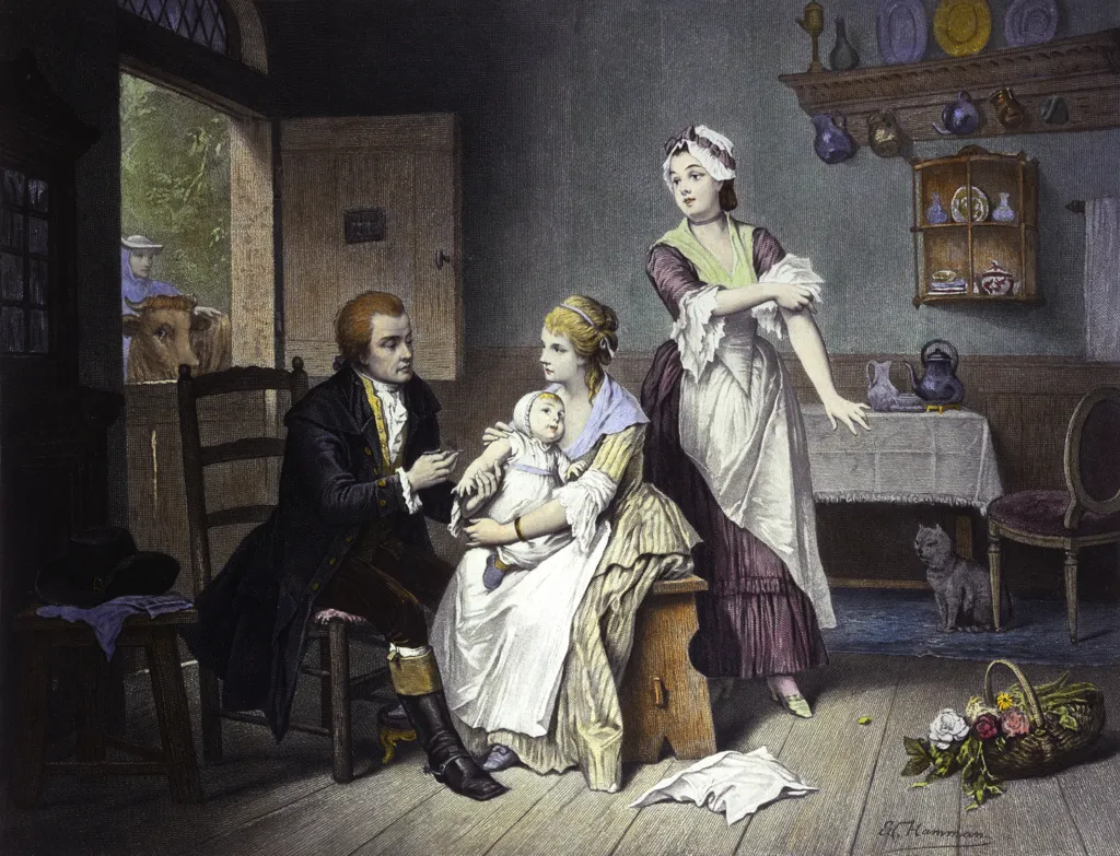 A late 19th-century colored engraving of Edward Jenner vaccinating his young child