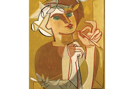 The Painter (Self-portrait at Work), oil on canvas, 1946. Gilot painted the self-portrait while she and Picasso were staying in Antibes, on the French Riviera.