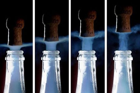 If you open a warm bottle of bubbly, pay close attention to the cloud that rolls out of the neck of the bottle. Over 68 degrees Fahrenheit, it will turn blue.