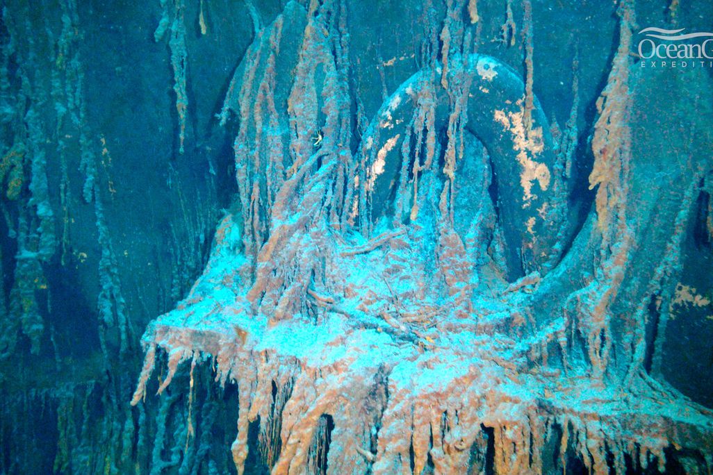 HD view of crusted-over wreckage of the Titanic