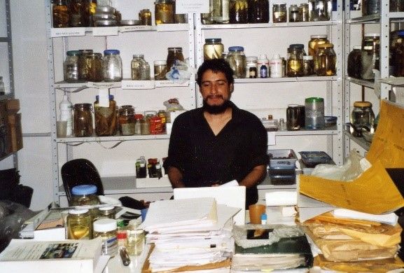 David de Santana surrounded by jars of preserved fishes in a laboratory at the Instituto Nacional de Pesquisas da Amazônia.