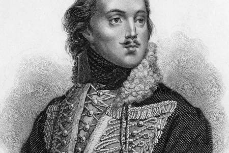 Polish soldier and military commander Casimir Pulaski (1745 - 1779), circa 1775. From an original engraving by James Hopwood after a painting by Oleszkiewicz.
