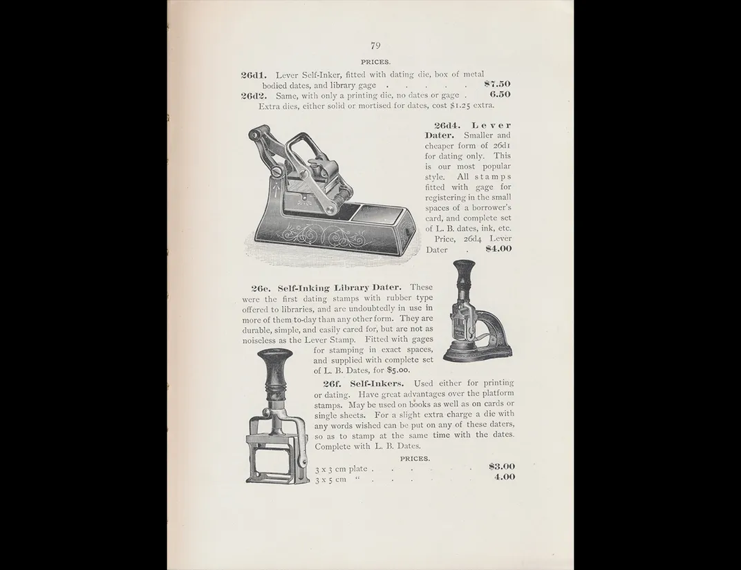 Trade catalog illustration of various models of stamps.