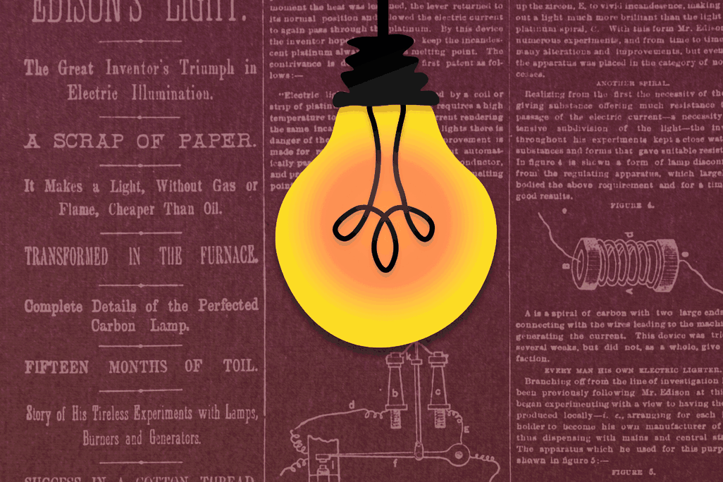 An illustration of a lightbulb flickering in front of a newspaper article about Edison's lightbulb