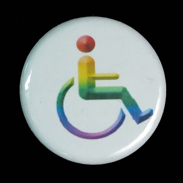 White button printed with rainbow wheelchair symbol