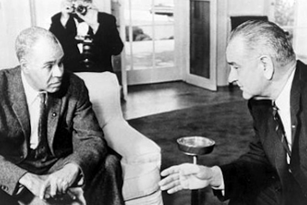 Roy Wilkins (left) with Lyndon B. Johnson at the White House on November 29, 1963