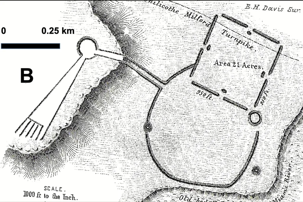 An illustration from 1894 of a comet-shaped mound/earthwork the Hopewell built