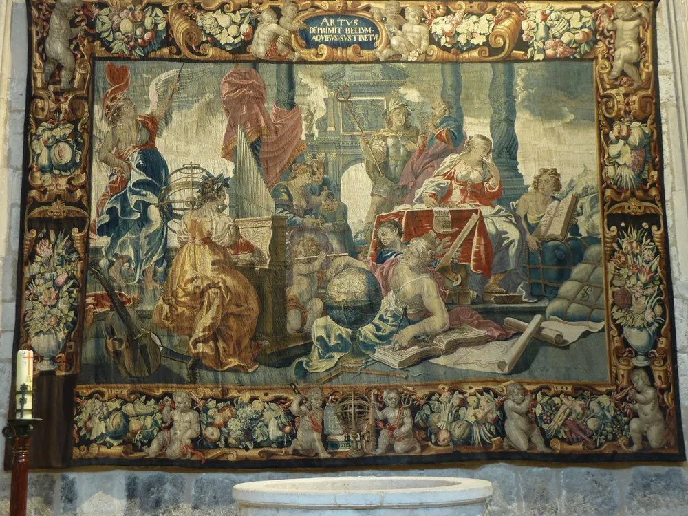 A view of a Flemish tapestry with a missing square in its lower left corner