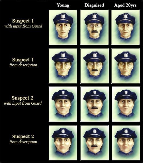 Portraits of the two white male suspects for the robbery, with different images indicating their disguises and what the men would have looked like if they aged 20 years