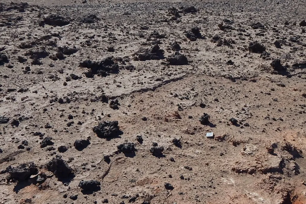 An image of a desert landscape littered with various dark colored rocks.