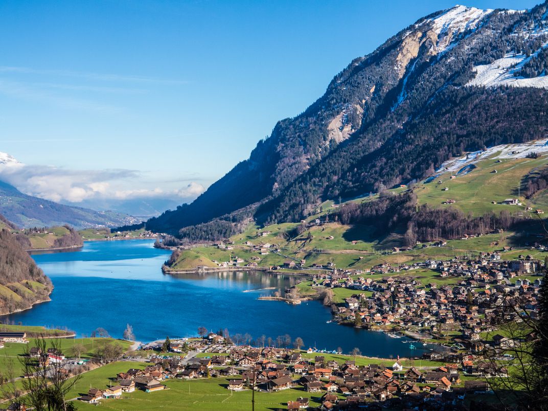 The town of Interlaken, situated between lakes and the Jungfrau