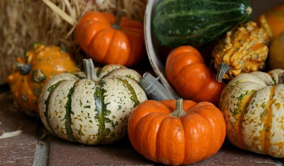 A pile of gourds spilling out of a tipped over container onto a brick floor with a bale of straw in the background.
