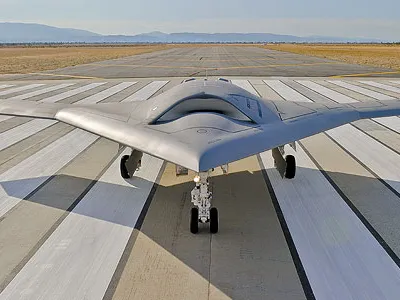 Northrop Grumman’s portrait of the future for naval aviation: the X-47B on the runway in Palmdale, California.