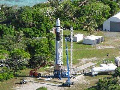 Falcon 1 on the launch pad at Kwajalein.