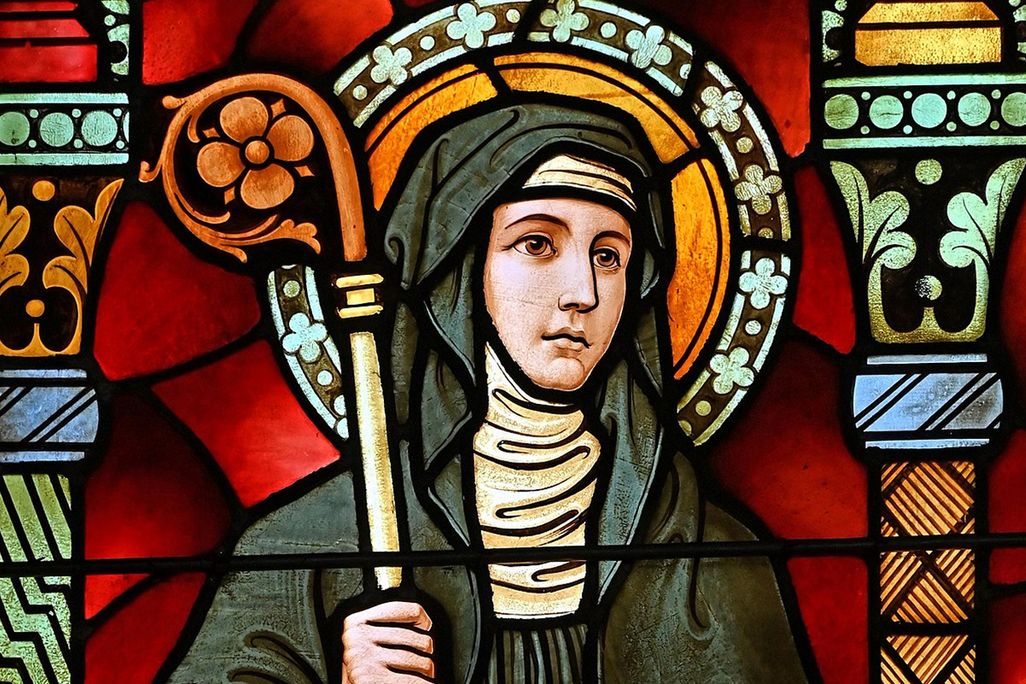 Stained glass portrait of St. Brigid of Ireland