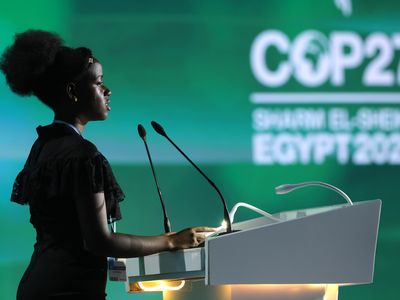 Ugandan youth climate activist Leah Namugerwa speaks during the Sharm El-Sheikh Climate Implementation Summit of the UNFCCC.&nbsp;