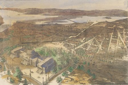 An aerial view of the city of Washington, D.C, in 1861 as seen from a balloon.