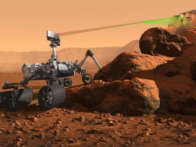 Artist's rendering of the SuperCam instrument on NASA's planned 2020 Mars rover, which will be able to "sample" rocks from a distance, analyzing their mineralogy and chemistry and searching for organic material. The rover itself will be based on the Curiosity rover now exploring the Red Planet.