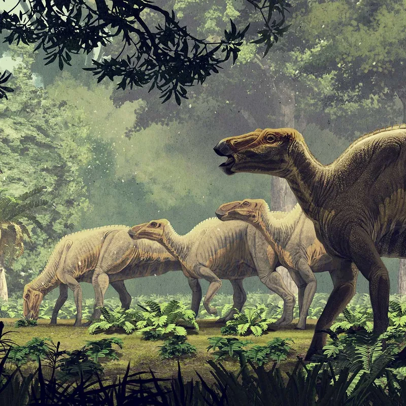 A carnivorous T-rex chasing a lone Parasaurolophus dinosaur