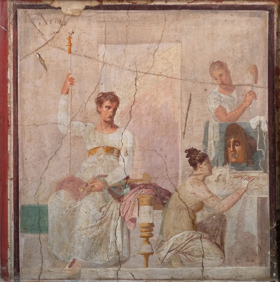 Fresco painting of a seated actor dressed as a king and female figure with a small painting of a mask, dated to between 30 and 40 A.D.