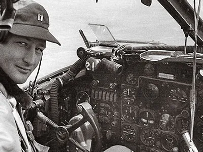 In the spring of 1951, Fulton (in the cockpit of a Douglas B-26) was called to Korea, where he flew the B-26 on night bombing runs against North Korean trucks.