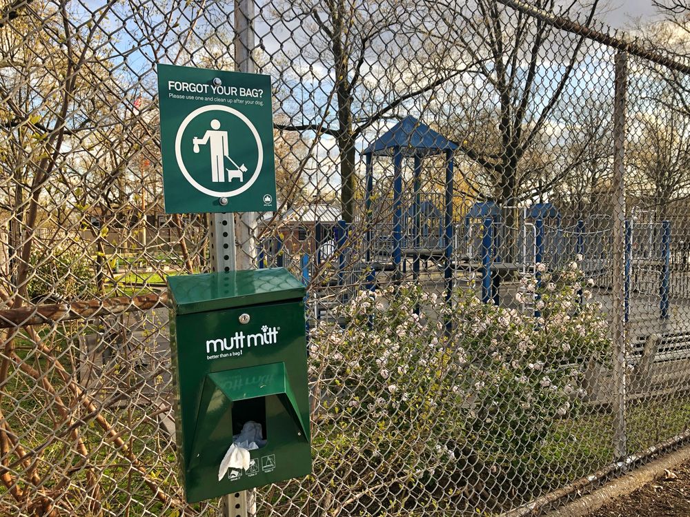 A container with dog waste pick up bags outside a park in New York City.