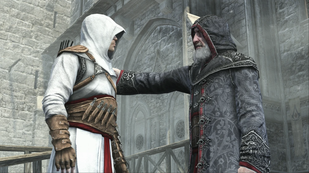 Rashid al-Din Sinan (right) mentors Altaïr in the original "Assassin's Creed"