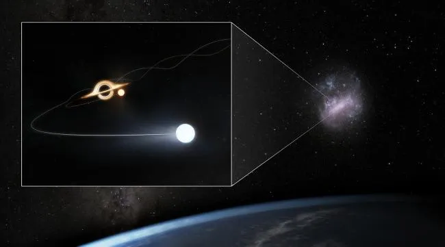 Artist’s rendition of a hypervelocity star ejected from the LMC. The original binary’s orbital path is shown as interwoven lines, with one star being captured by the black hole (near center of inset) while the other is ejected into space (lower right).