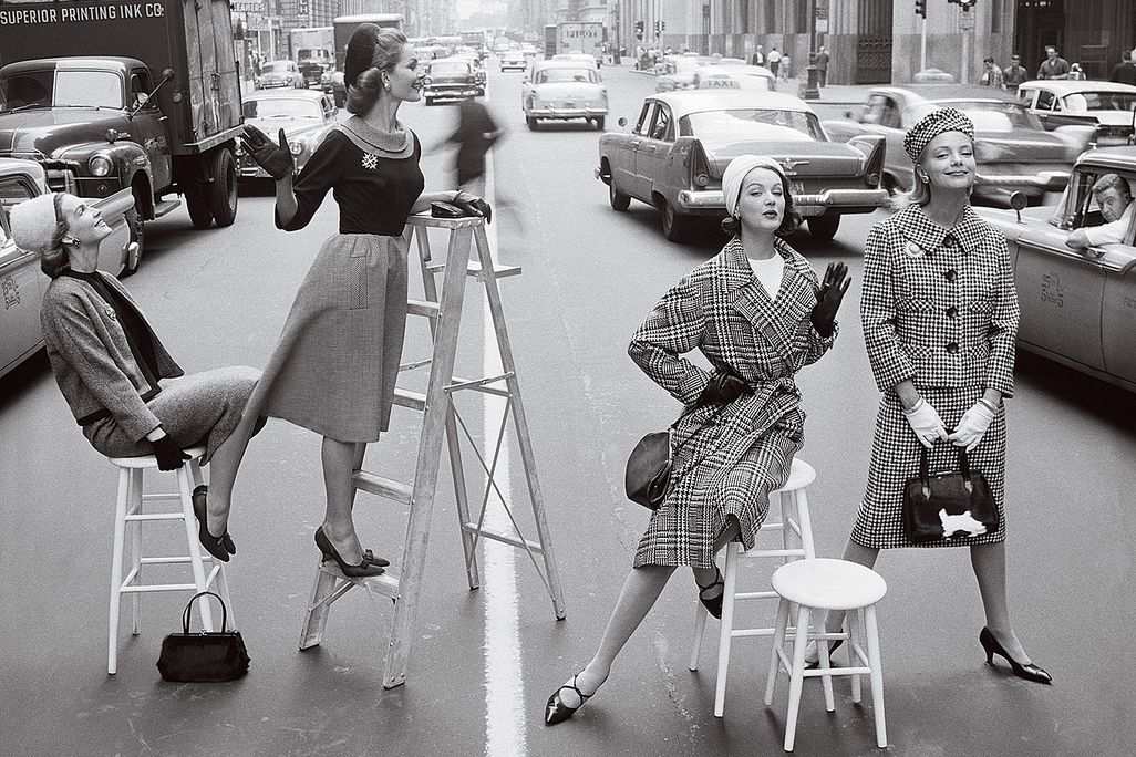 American models Joanna McCormick, Janet Randy, Betsy Pickering and Gretchen Harris pose for Charm amid traffic on Park Avenue.