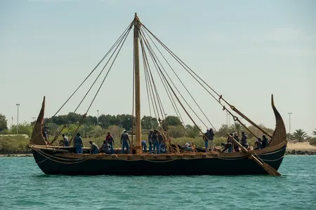 The reconstructed Magan boat floating off the coast of Abu Dhabi