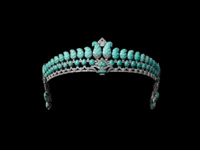 Tiara, Cartier London, special order, 1936. Platinum, diamonds, turquoise. Sold to The Honorable Robert Henry Brand. Cartier Collection.