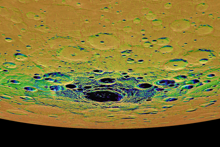 An illumination map of the south polar region of Mercury, based on data returned by MESSENGER. Black areas are in permanent shadow.