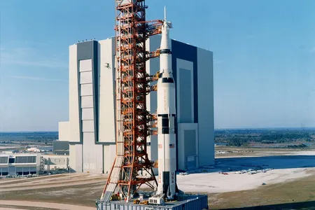 A Saturn V rocket being rolled out to the launch pad for Apollo 10.