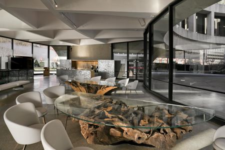 Spiral chairs pay homage to both the museum and the helicoid shape of DNA.
