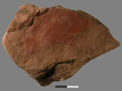 Researchers discovered a red ochre- and milk-based paint on a stone flake from 49,000 years ago.