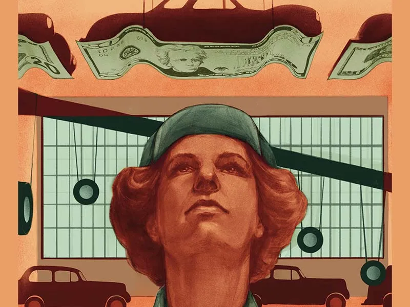 illustration of a women inside an auto factory
