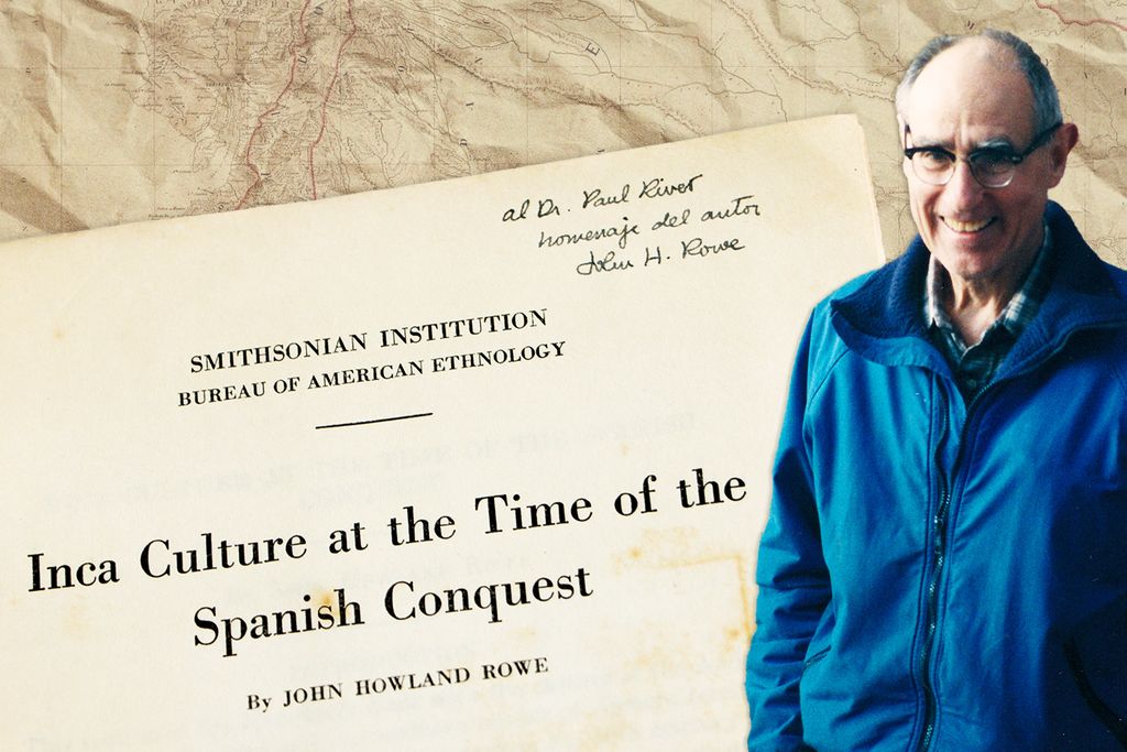 An illustration of John Howland Rowe in front of one of his books