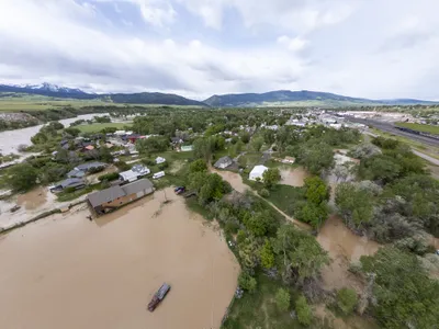 Aerial view of flooding in Livingston, Montana&mdash;a gateway town near Yellowstone National Park&mdash;on June 14, 2022