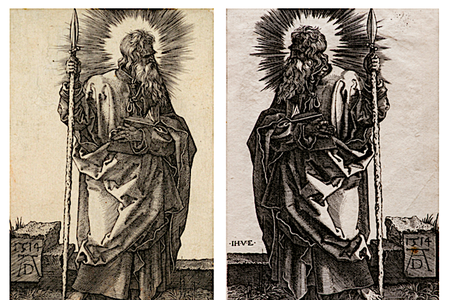 Left: Albrecht Dürer, "St. Thomas," 1514 / Right: Johann Ladenspelder, "St. Thomas," circa 1535 – 1561
