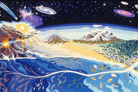 A mural titled "The Origin of Life on Earth" at NASA Ames Research Center. The mural depicts the formation of our planet and the conditions that led to the evolution of life. 