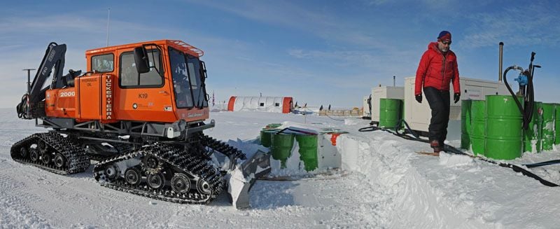 Barrels of fuel encased in snow at the Lake Ellsworth drilling site.