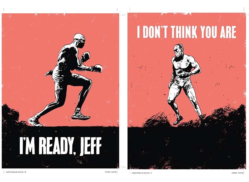 a spread of a graphic novel colorized using red, white and black ink show two boxers