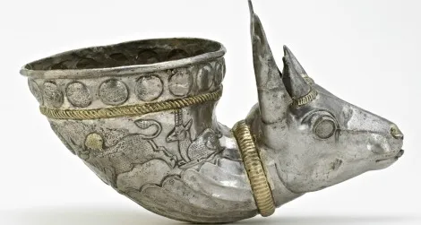 This gazelle-shaped wine horn, on view at the Sackler Gallery, was used to impress guests at elaborate Iranian feasts.
