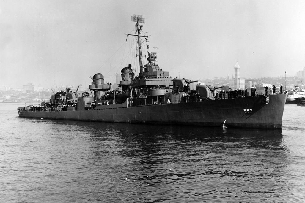 A black and white photo of the American Destroyer the USS Johnston off of Seattle's ports in 1943