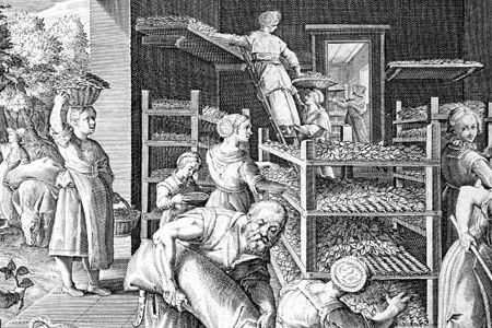 The arduous task of silkworm cultivation involved keeping the tiny silkworm eggs (about 35,000 of them weigh only an ounce) at the correct temperature. Hatched worms then had to be fed mulberry leaves around the clock.