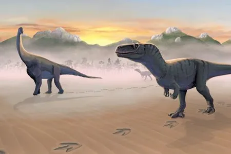 An artistic rendering of the carnivorous&nbsp;theropods and herbivorous&nbsp;sauropods that left tracks at the same Scottish site.