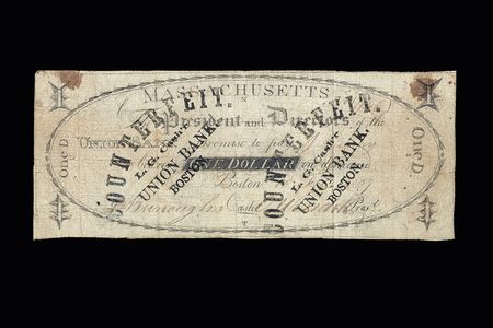 The National Museum of American History in its new exhibition "American Enterprise," displays a prime example of Stephen Burrough's art—a $1 certificate on the Union Bank of Boston, dated 1807, signed by Burroughs as cashier, and later stamped COUNTERFEIT.  