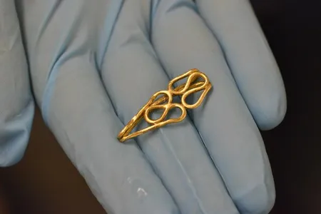 A piece of gold, believed to be a small ring, found in the Hoard