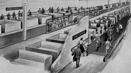The New York subway system's moving sidewalk of the future by Goodyear (1950s)